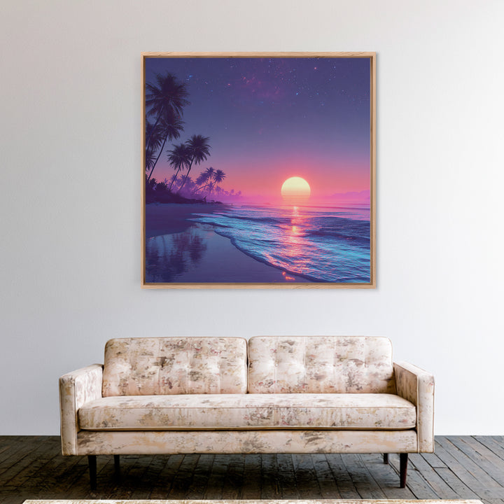 Tropical Neon Sunset Beach Wall Art, Palm Tree Coastal Landscape Print, Colorful Summer Home Decor Canvas Print
