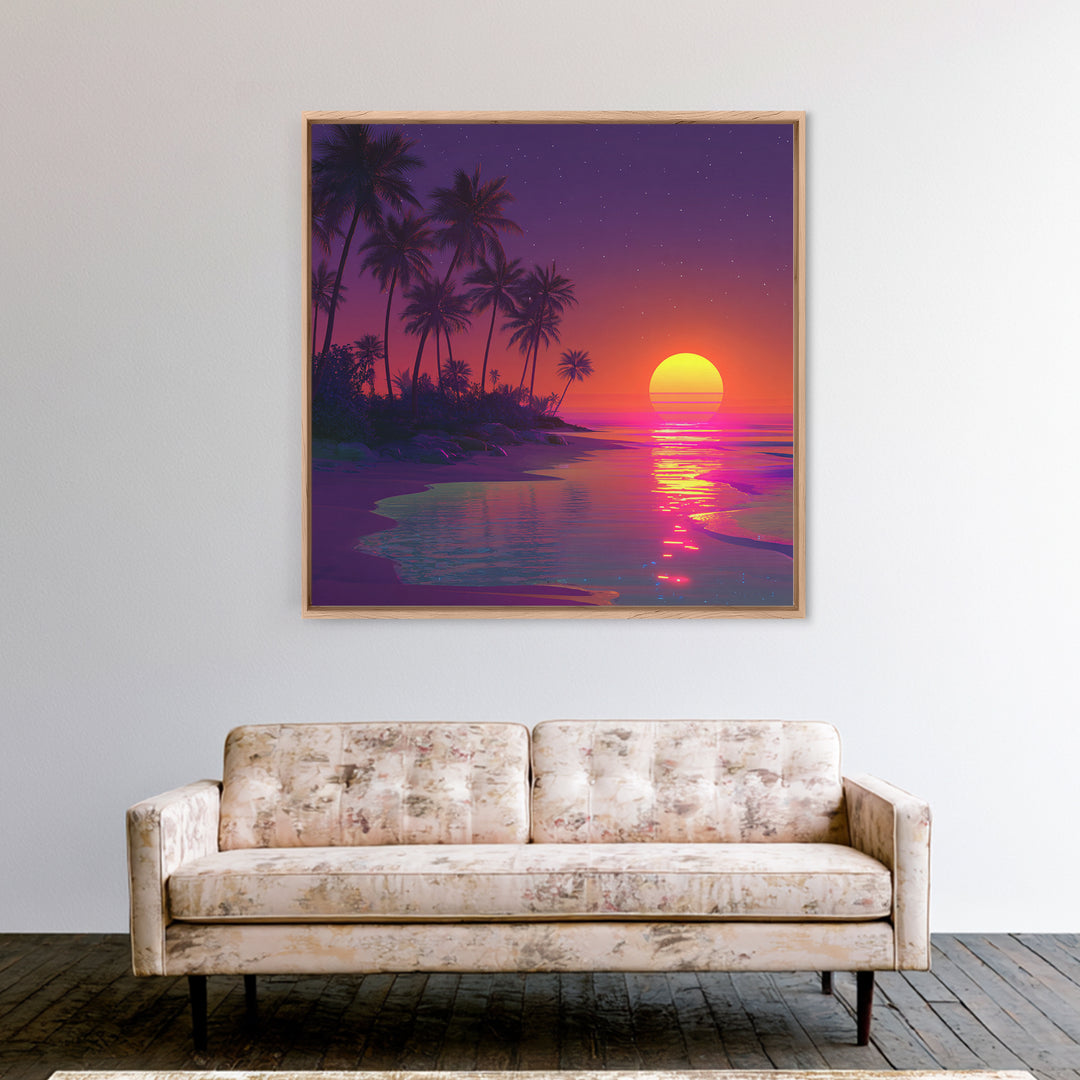 Neon Tropical Sunset Beach Wall Art, Retro Coastal Canvas Print, Summer Ocean Decor, Vibrant Modern Coastal Wall Art