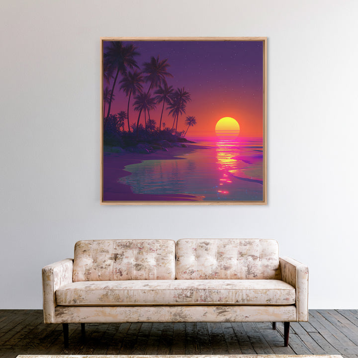 Neon Tropical Sunset Beach Wall Art, Retro Coastal Canvas Print, Summer Ocean Decor, Vibrant Modern Coastal Wall Art