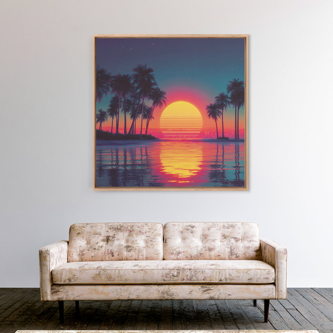 Dreamy Neon Palm Tree Sunset Beach Wall Art, Retro Coastal Landscape, Vibrant Summer Canvas Print Decor