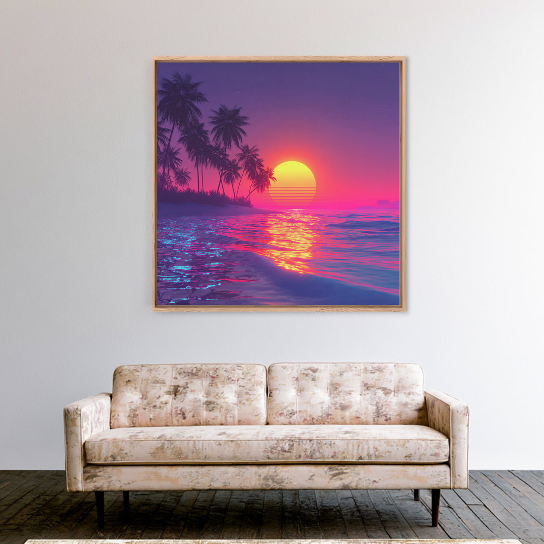 Neon Pink Beach Sunset Wall Art, Tropical Palm Tree Ocean Horizon Canvas Print, Coastal Summer Decor, Vibrant Seascape