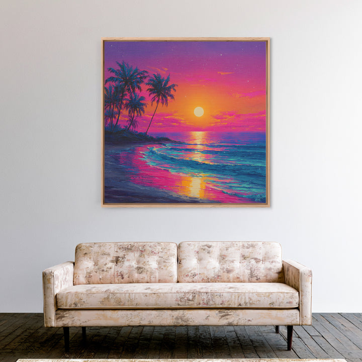 Vibrant Moonrise Beach Canvas Print, Colorful Tropical Ocean Wall Art, Coastal Sunset Painting For Bedroom Or Beach House
