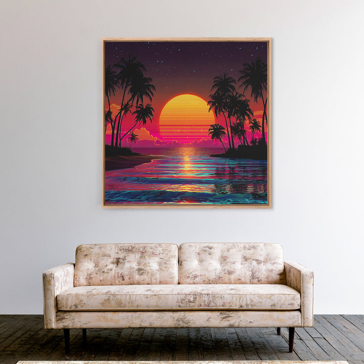 Neon Tropical Sunset Beach With Palm Trees Wall Art, Retro Coastal Print, Vibrant Summer Home Decor, Modern Canvas Print