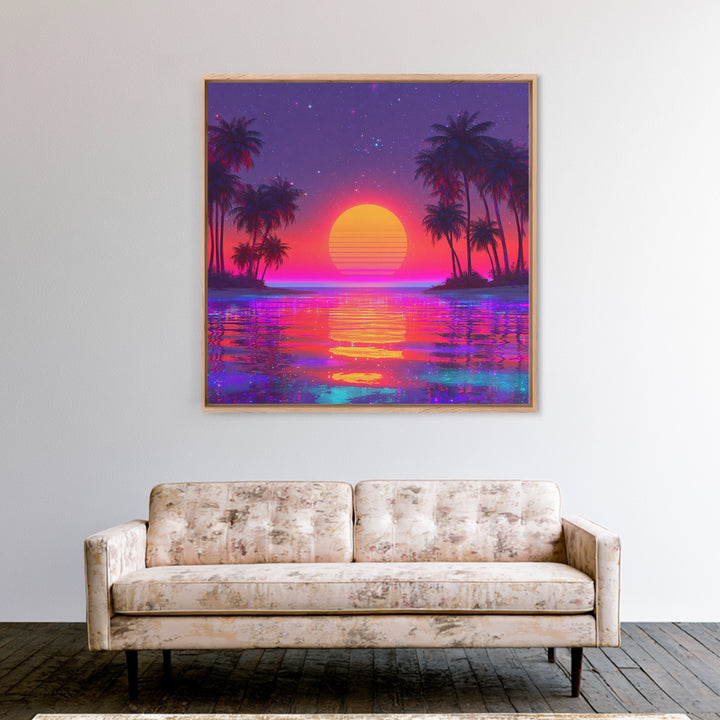 Vibrant Neon Tropical Sunset Beach Wall Art, Retro Wave Palm Landscape Canvas Print, Colorful Coastal Room Decor