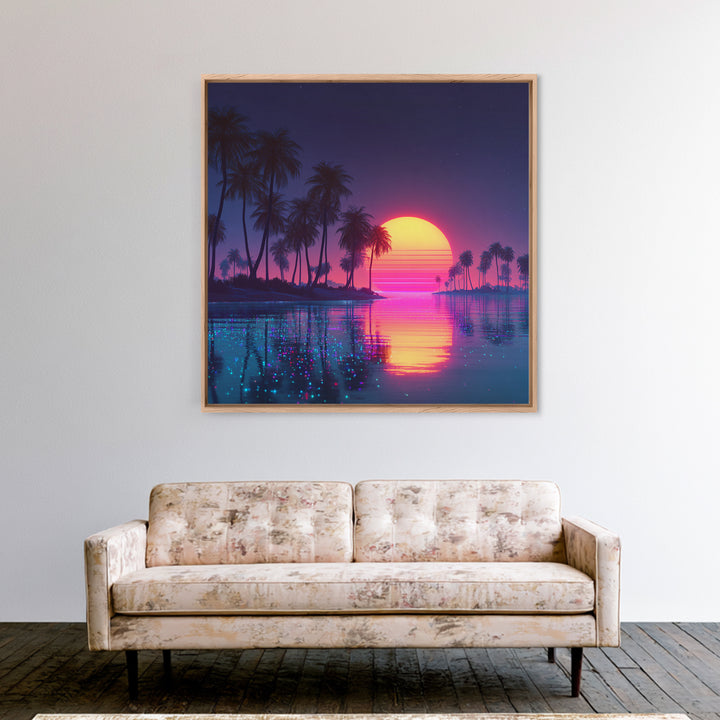 Sparkling Lagoon Neon Sunset With Palm Trees Wall Art, Retro Tropical Home Decor, Colorful Coastal Canvas Print