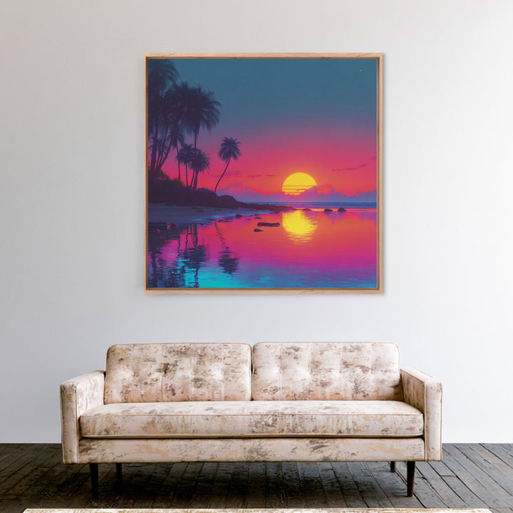 Neon Tropical Sunset Beach Wall Art, Vibrant Coastal Landscape Art Print, Modern Coastal Decor Canvas Print For Living Room
