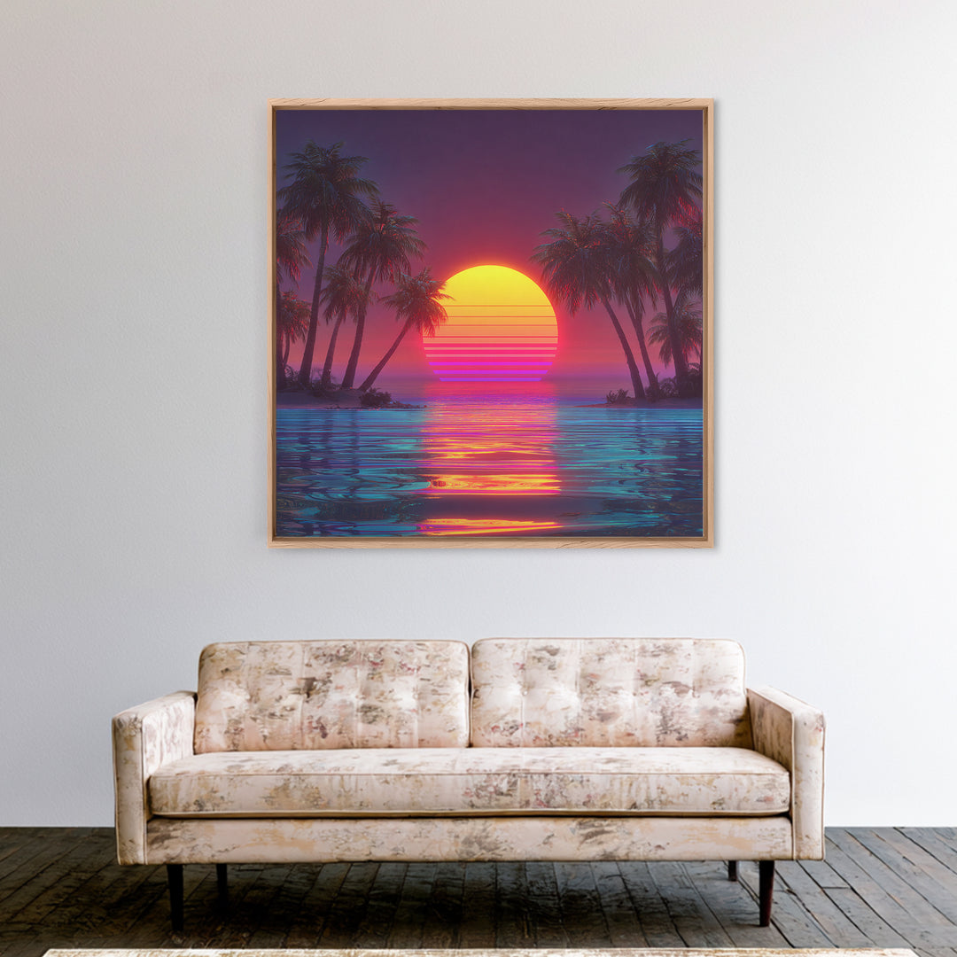 Vaporwave Tropical Sunset Beach Wall Art Canvas Print, Neon Coastal Landscape For Gaming Room And Modern Home Decor