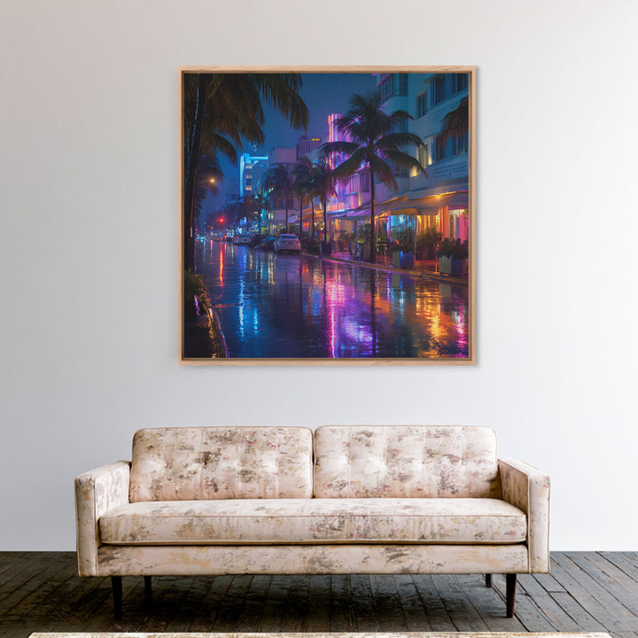 Neon Rainy City Street At Night Wall Art, Colorful Modern Urban Photography Print, Living Room Decor, Large Canvas Print