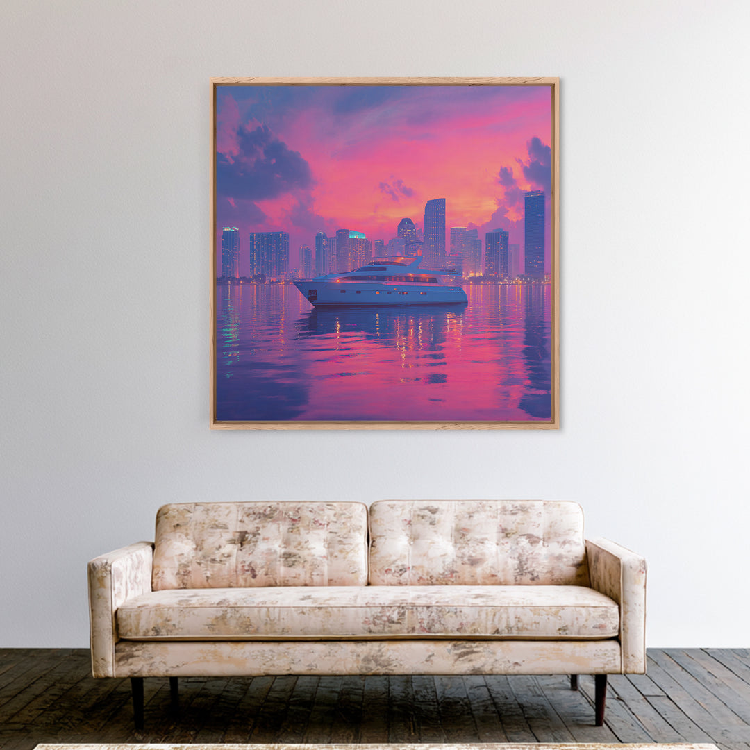 Luxury Yacht City Skyline At Sunset Wall Art, Modern Coastal Cityscape Canvas Print, Pink Sky Nautical Decor For Office Or Living Room