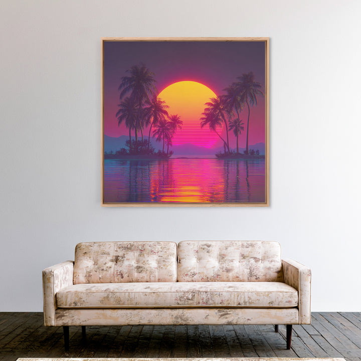 Neon Tropical Island Sunset Wall Art, Retro Synthwave Beach Landscape, Vibrant Coastal Decor, Modern Living Room Canvas Print
