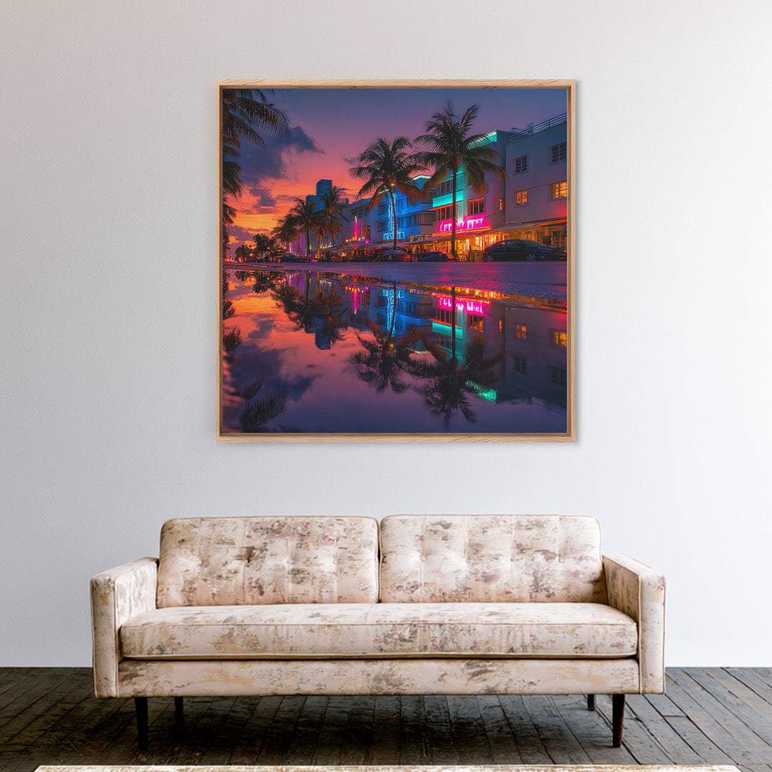 Miami Neon Night Cityscape Wall Art, Colorful South Beach Photography Print, Modern Urban Wall Decor Framed Canvas Print