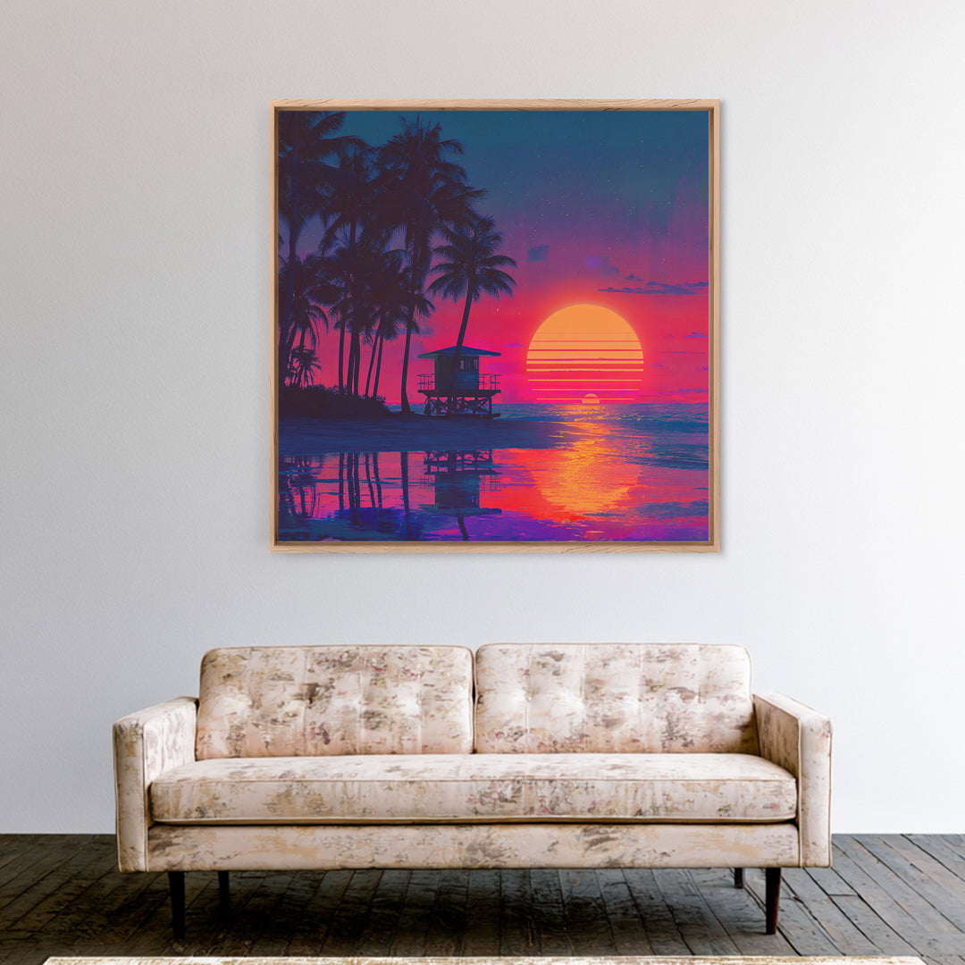 Tropical Neon Sunset Beach Canvas Print, Retro Coastal Wall Art, Palm Tree Ocean Decor Vibrant Living Room Wall Art