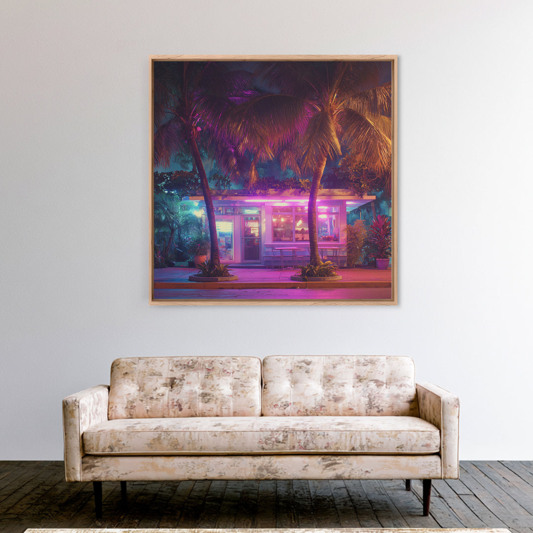 Neon Palm Tree Diner Night Scene Wall Art, Retro Tropical City Photography Canvas Print For Modern Urban Home Decor