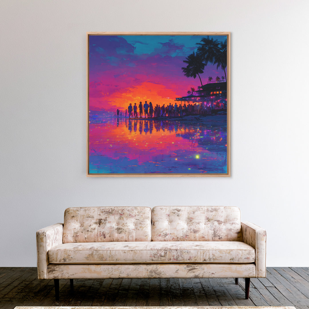 Neon Beach Sunset Party Wall Art, Colorful Coastal Canvas Print, Retro Futuristic Ocean Art, Summer Vibes Living Room Decor