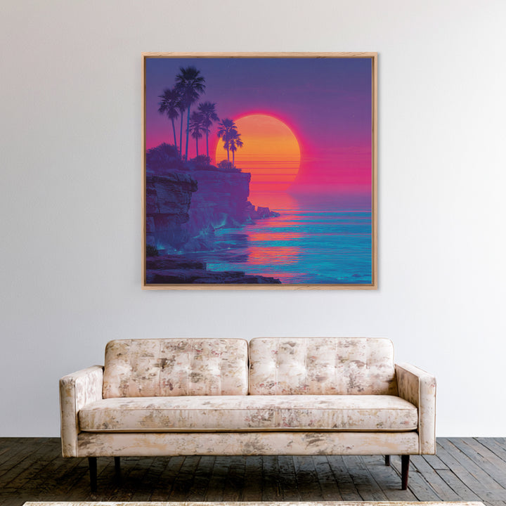 Neon Tropical Sunset Cliff Wall Art, Retro Coastal Ocean Canvas Print For Modern Coastal Decor And Vibrant Living Room