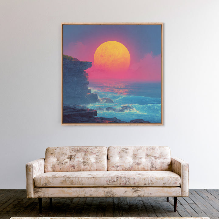 Surreal Neon Moon Over Ocean Cliff Painting Wall Art, Colorful Fantasy Seascape Print, Modern Coastal Abstract Decor