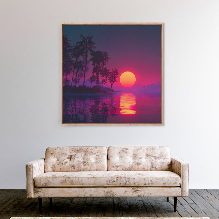 Neon Tropical Sunset Palm Tree Beach Wall Art, Vibrant Retro Coastal Landscape Canvas Print Home Decor