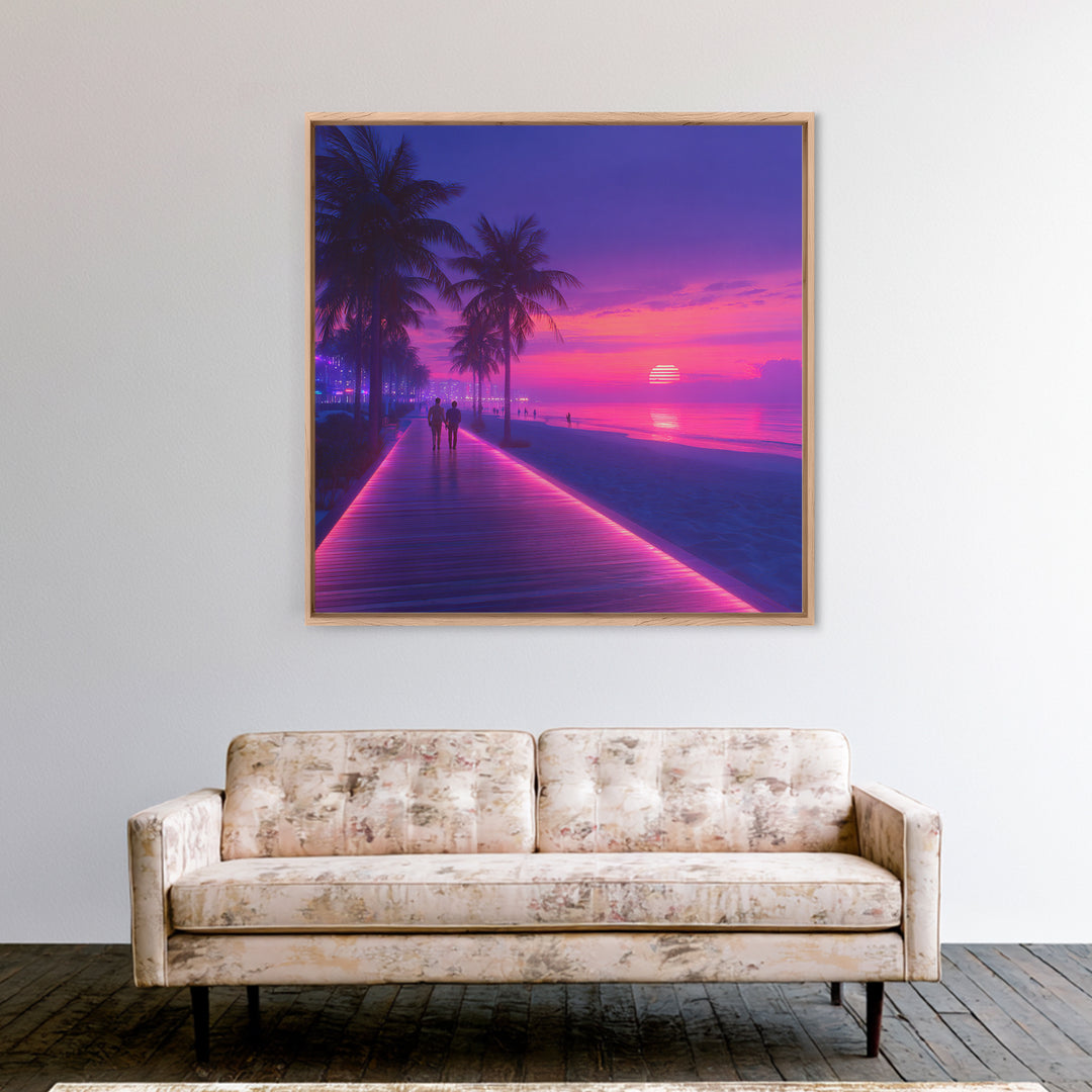 Neon Pink Boardwalk Beach Sunset Wall Art Retro Coastal Vibes Colorful Modern Home Decor Large Canvas Print Living Room Wall Art