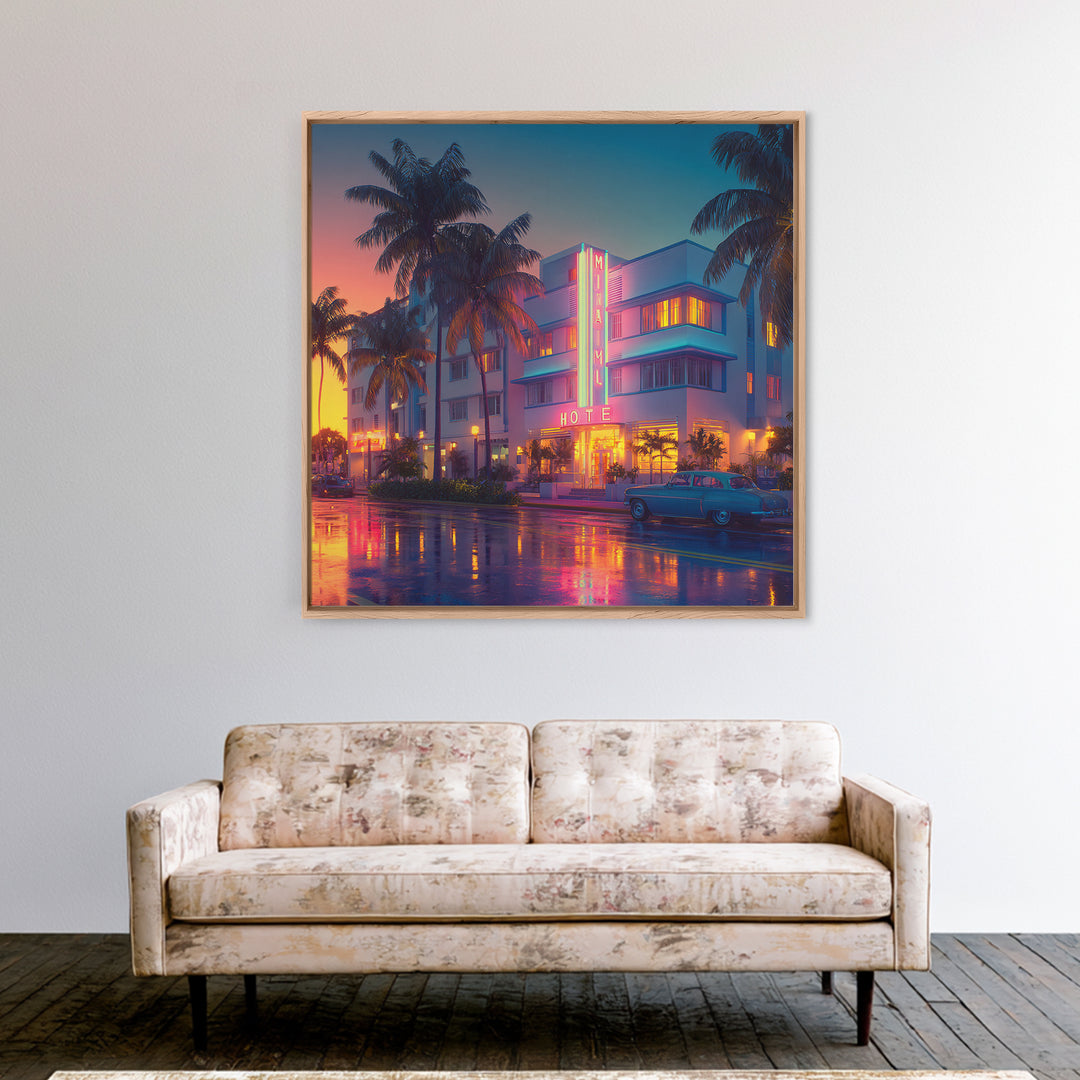 Miami Art Deco Hotel Night Cityscape Wall Art, Neon Coastal Canvas Print, Retro Urban Home Decor For Living Room