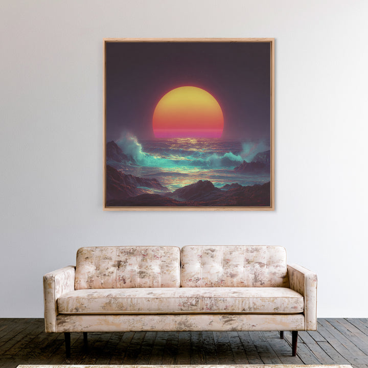 Vibrant Neon Ocean Sunset Waves Night Sky Wall Art Canvas Print Modern Coastal Decor Beach House Living Room Wall Art