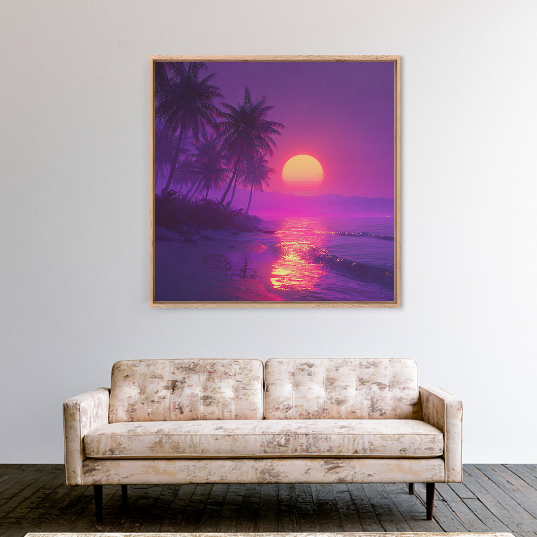 Neon Tropical Beach Sunset Wall Art, Vaporwave Palm Trees Canvas Print, Coastal Retro Ocean Art For Bedroom Or Living Room Decor