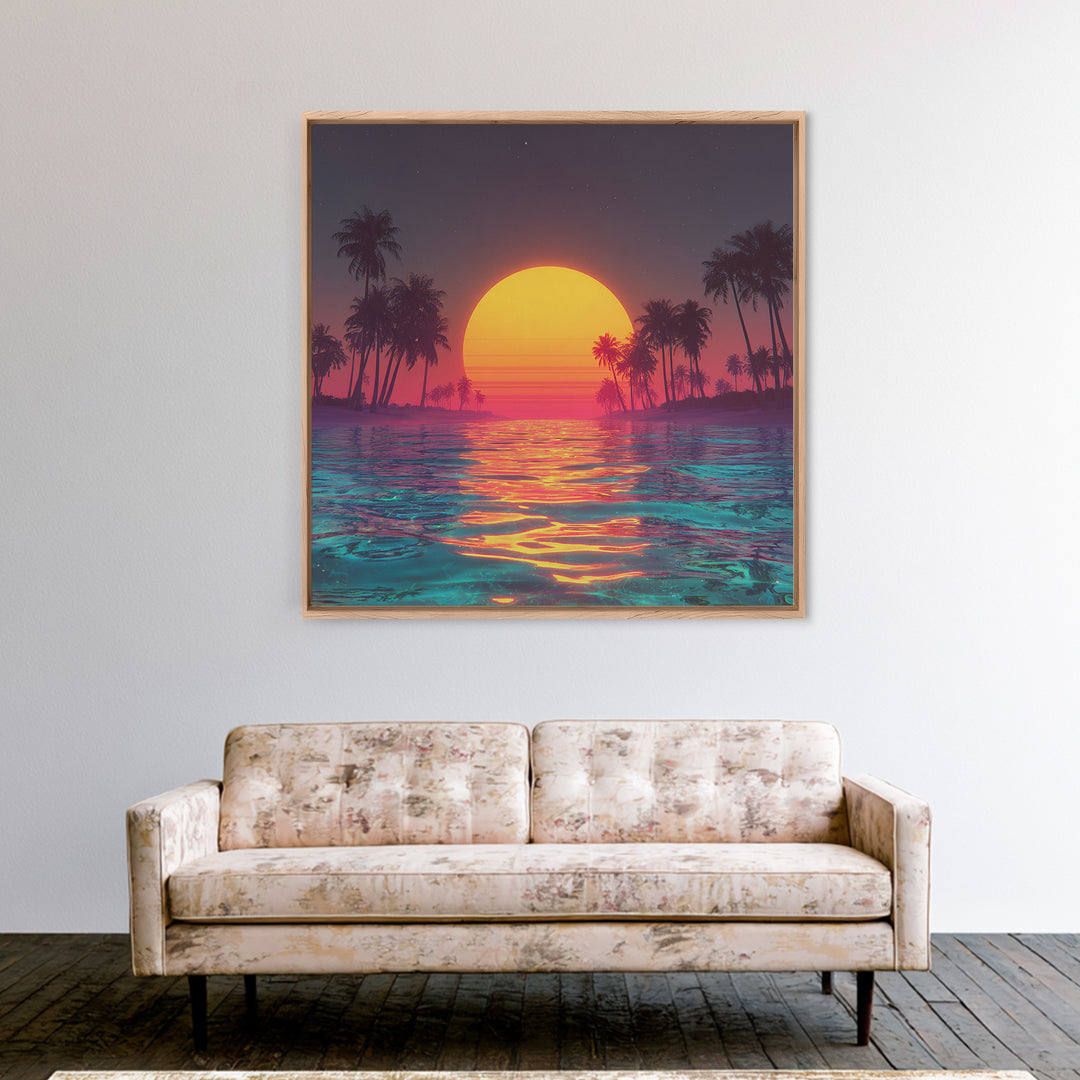 Neon Sunset Palm Beach Wall Art For Coastal Home Decor, Retro Tropical Ocean Canvas Print, Modern Coastal Wall Art