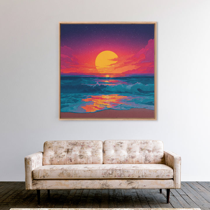 Colorful Ocean Sunset Waves Wall Art, Retro Beach Canvas Print, Modern Coastal Decor, Vibrant Seascape Living Room Art