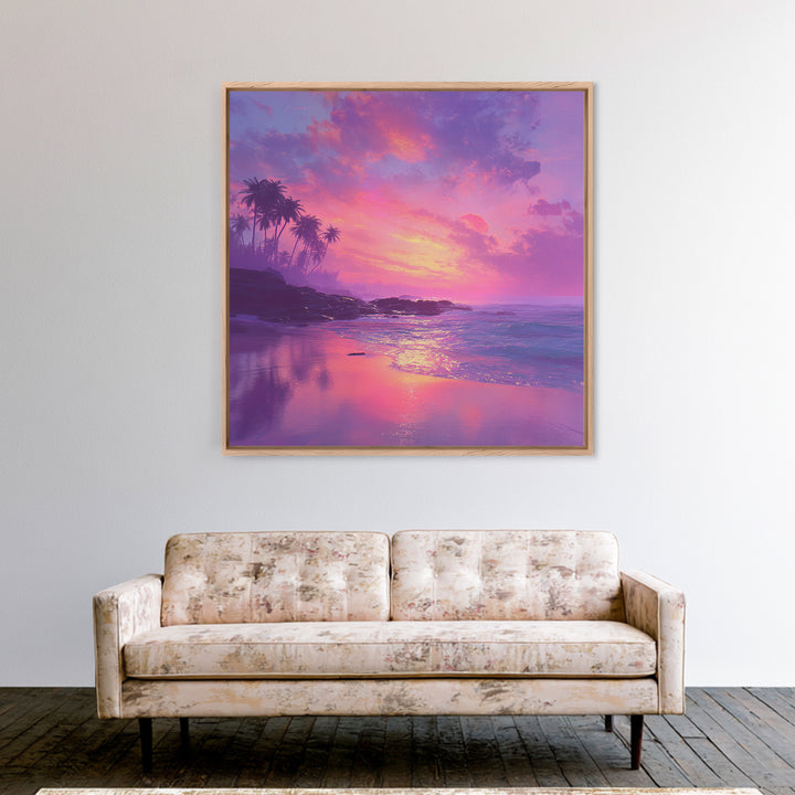 Dreamy Pink Ocean Sunset Wall Art, Tropical Beach Landscape Canvas Print, Pastel Coastal Home Decor For Living Room