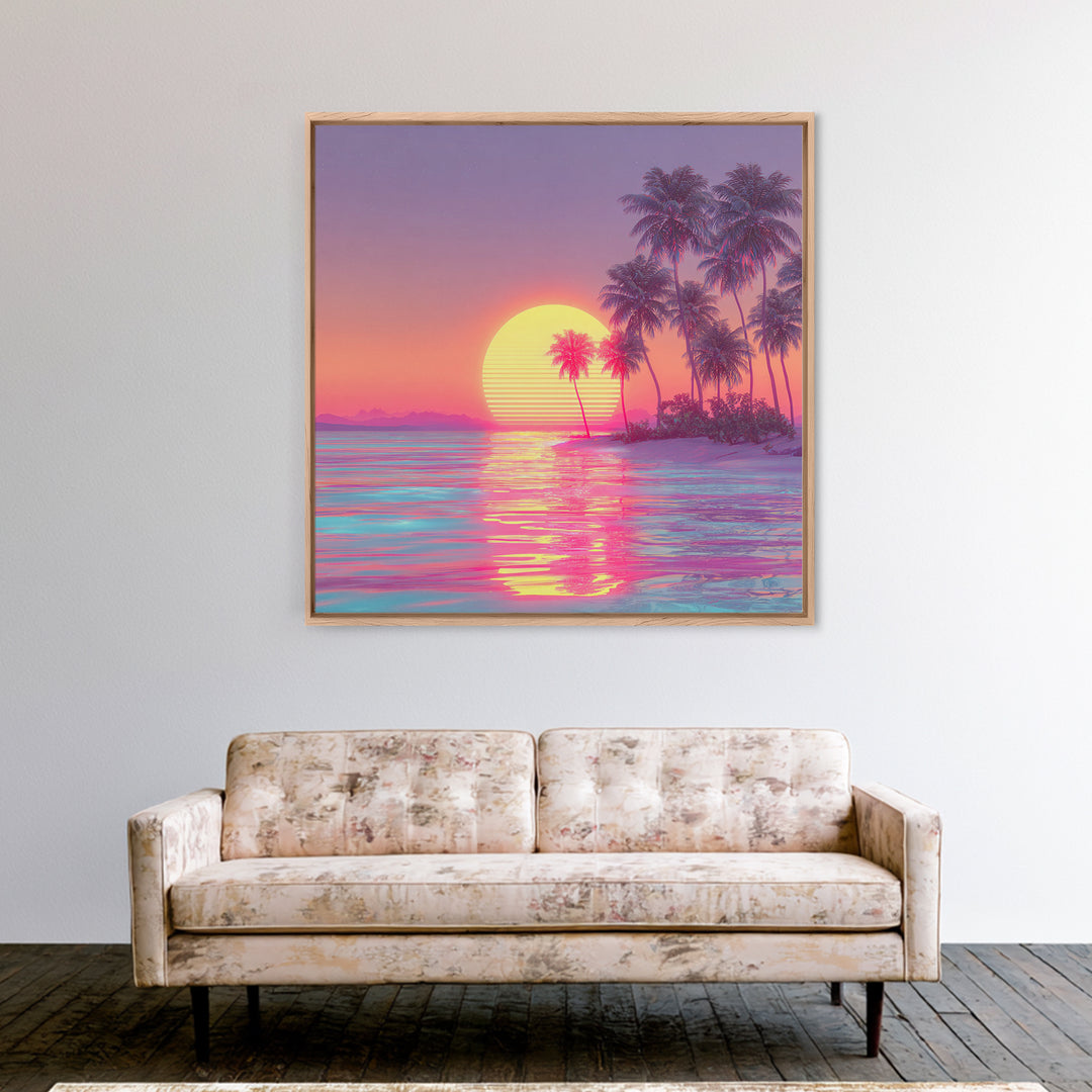 Dreamy Tropical Palm Trees Pink Sunset Beach Canvas Print, Coastal Wall Art, Vaporwave Ocean Decor, Pastel Summer Poster