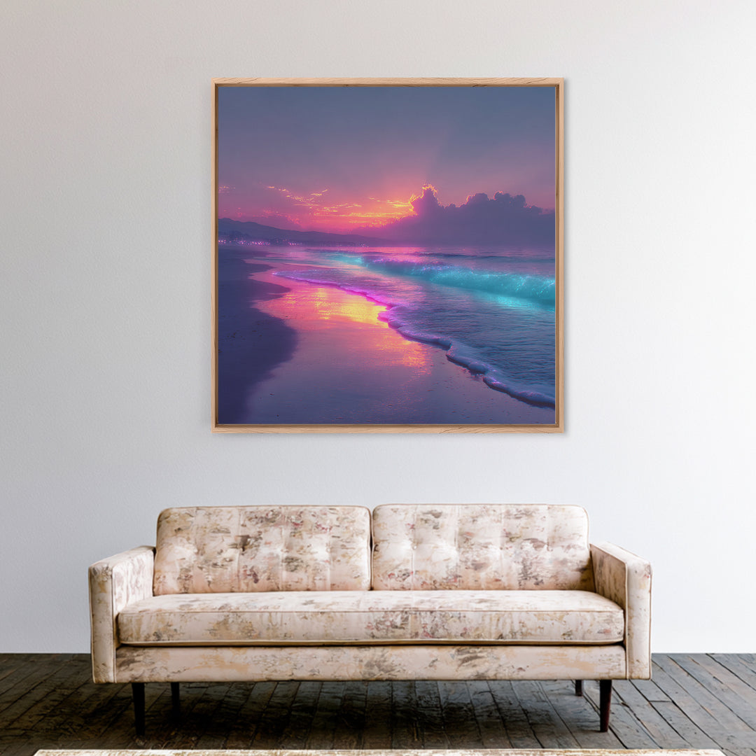 Vibrant Neon Ocean Sunset Landscape Large Wall Art Canvas Print Contemporary Coastal Home Decor