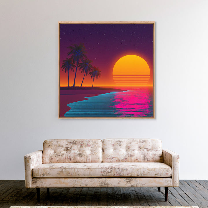 Neon Island Sunset Palm Tree Canvas Print, Retro Tropical Beach Wall Art, Bold Synthwave Coastal Decor, Colorful Bedroom Wall Art
