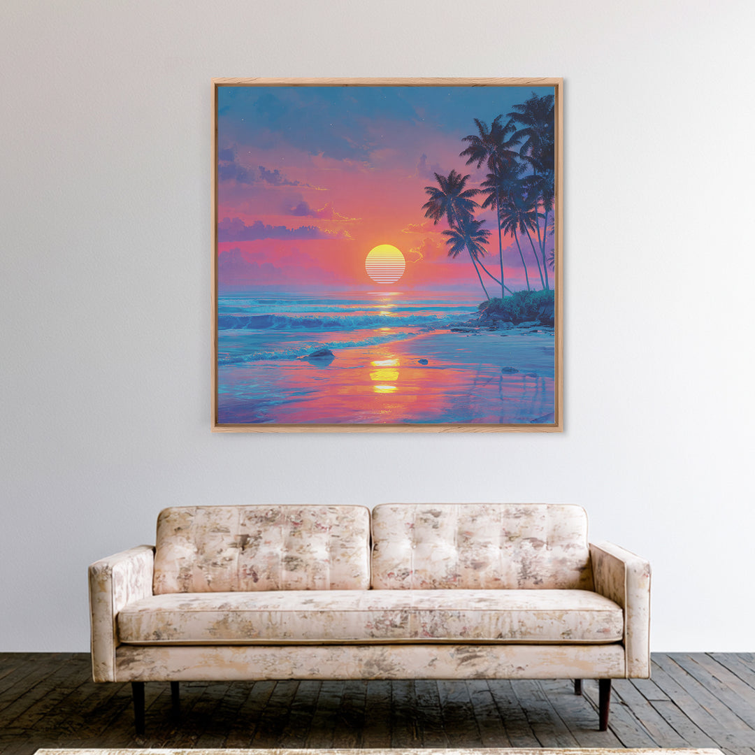 Dreamy Tropical Beach Sunset With Palms Wall Art, Pastel Coastal Canvas Print For Relaxing Modern Home Decor