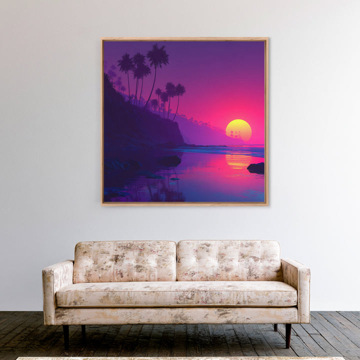Neon Sunset Tropical Beach Wall Art, Vibrant Palm Tree Coastal Canvas Print For Modern Coastal Home And Bedroom Decor