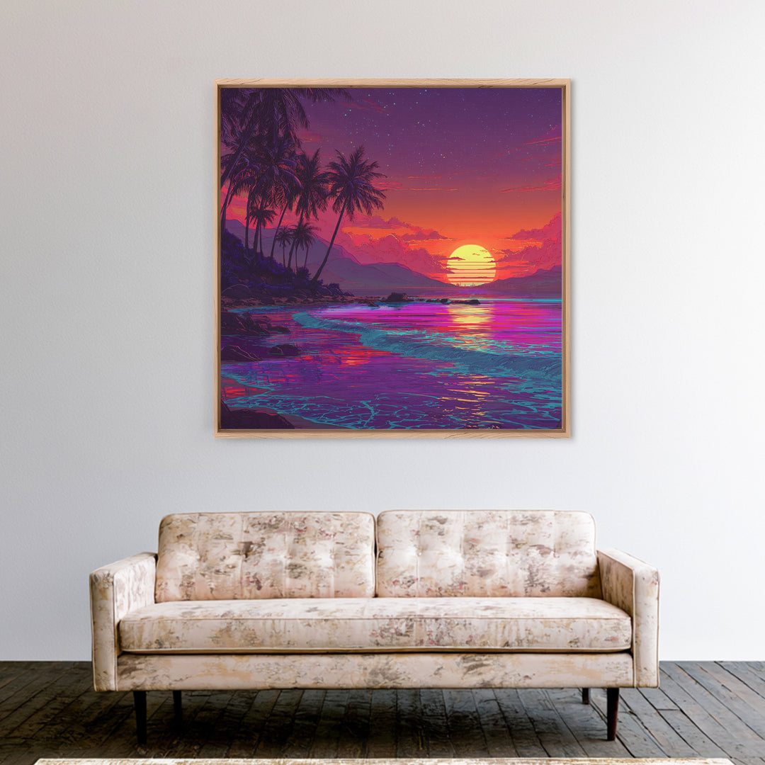 Neon Tropical Beach Sunset Wall Art, Vibrant Ocean Landscape Canvas Print, Retro Coastal Decor, Modern Living Room Wall Decor