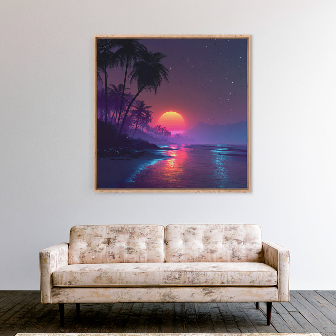 Neon Tropical Beach Sunset Wall Art, Retro Coastal Palm Tree Canvas Print, Vibrant Ocean Night Sky Home Decor