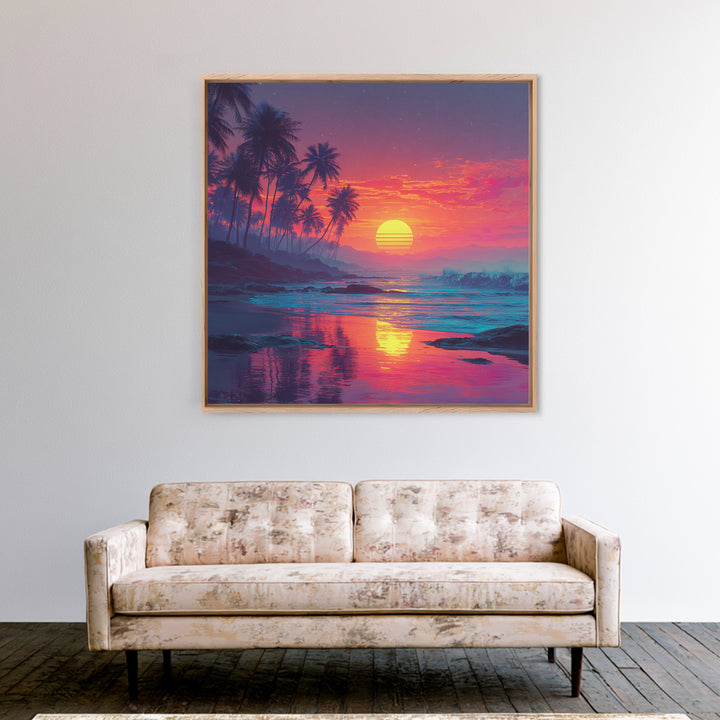 Tropical Pink Sunset Beach Wall Art, Palm Tree Coastal Ocean Canvas Print For Modern Coastal Decor And Bedroom Wall