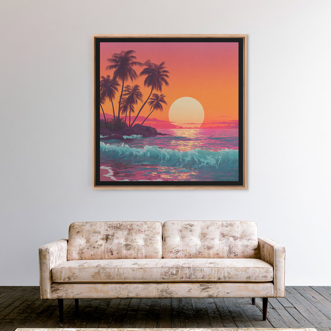 Retro Tropical Sunset Wall Art, Pink And Orange Beach Canvas Print, Aesthetic Coastal Decor For Bedroom