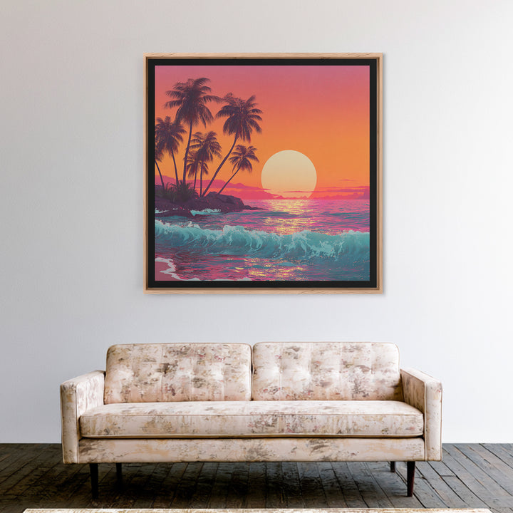 Retro Tropical Sunset Wall Art, Pink And Orange Beach Canvas Print, Aesthetic Coastal Decor For Bedroom