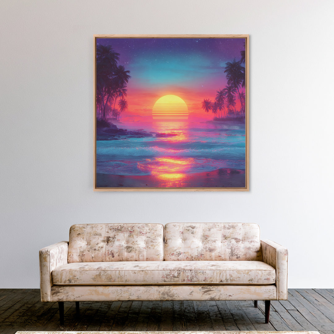 Neon Tropical Sunset Beach Wall Art, Retro Ocean Landscape Canvas Print, Coastal Home Decor, Modern Abstract Seascape
