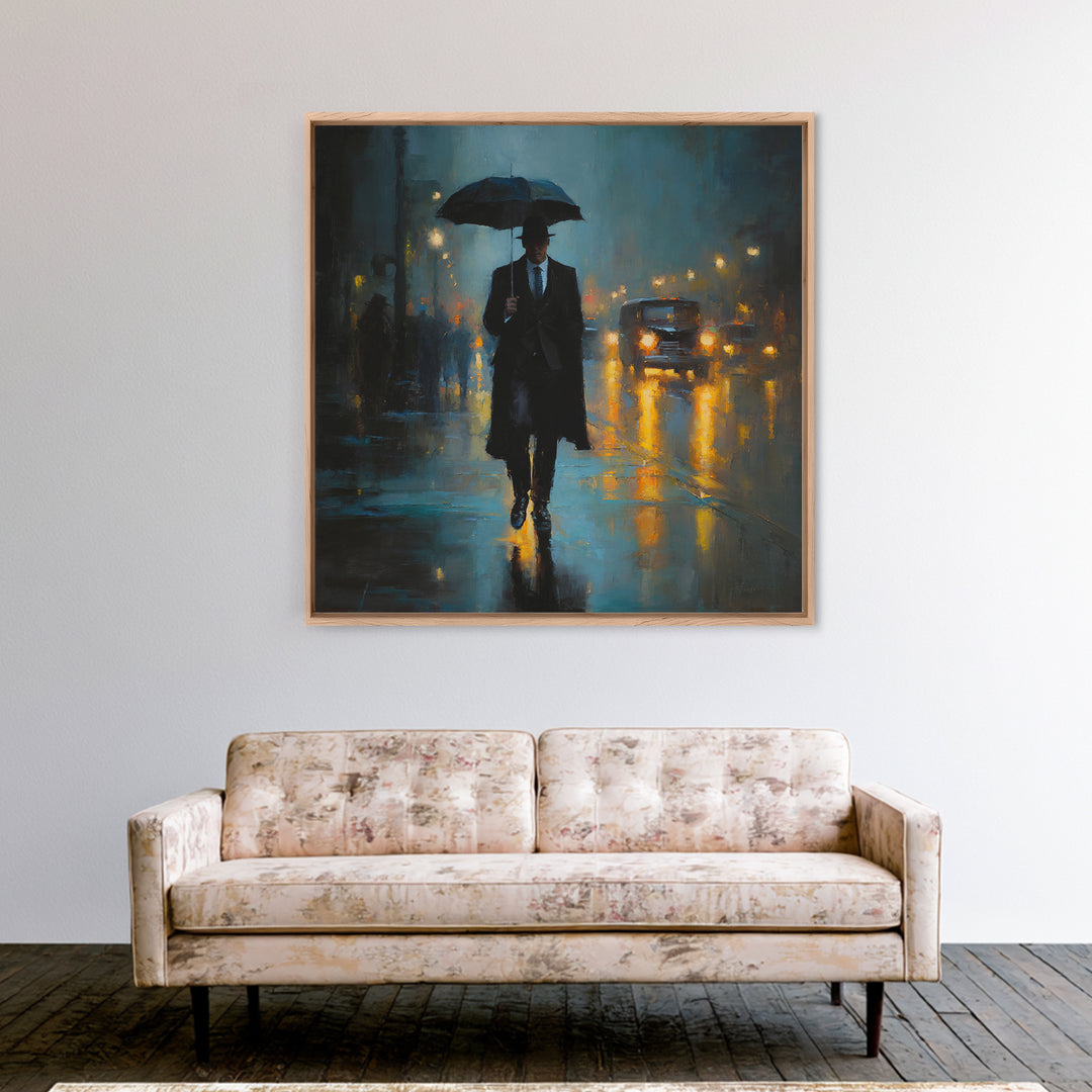 Noir Gentleman With Umbrella In Rainy City Wall Art, Moody Oil Painting Print, Dark Academia Office Decor, Gift For Him