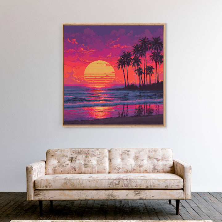 Pixel Art Tropical Sunset Beach Wall Art, Retro 8 Bit Palm Landscape Canvas Print, Colorful Gaming Room Decor