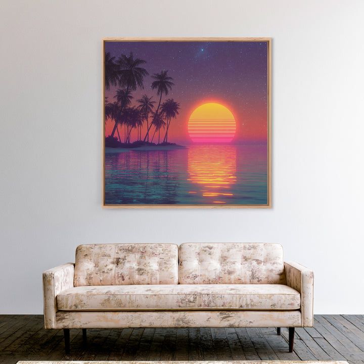 Neon Tropical Beach Palm Trees Retro Sunset Night Sky Wall Art Canvas Print Coastal Decor Bedroom Living Room Wall Art