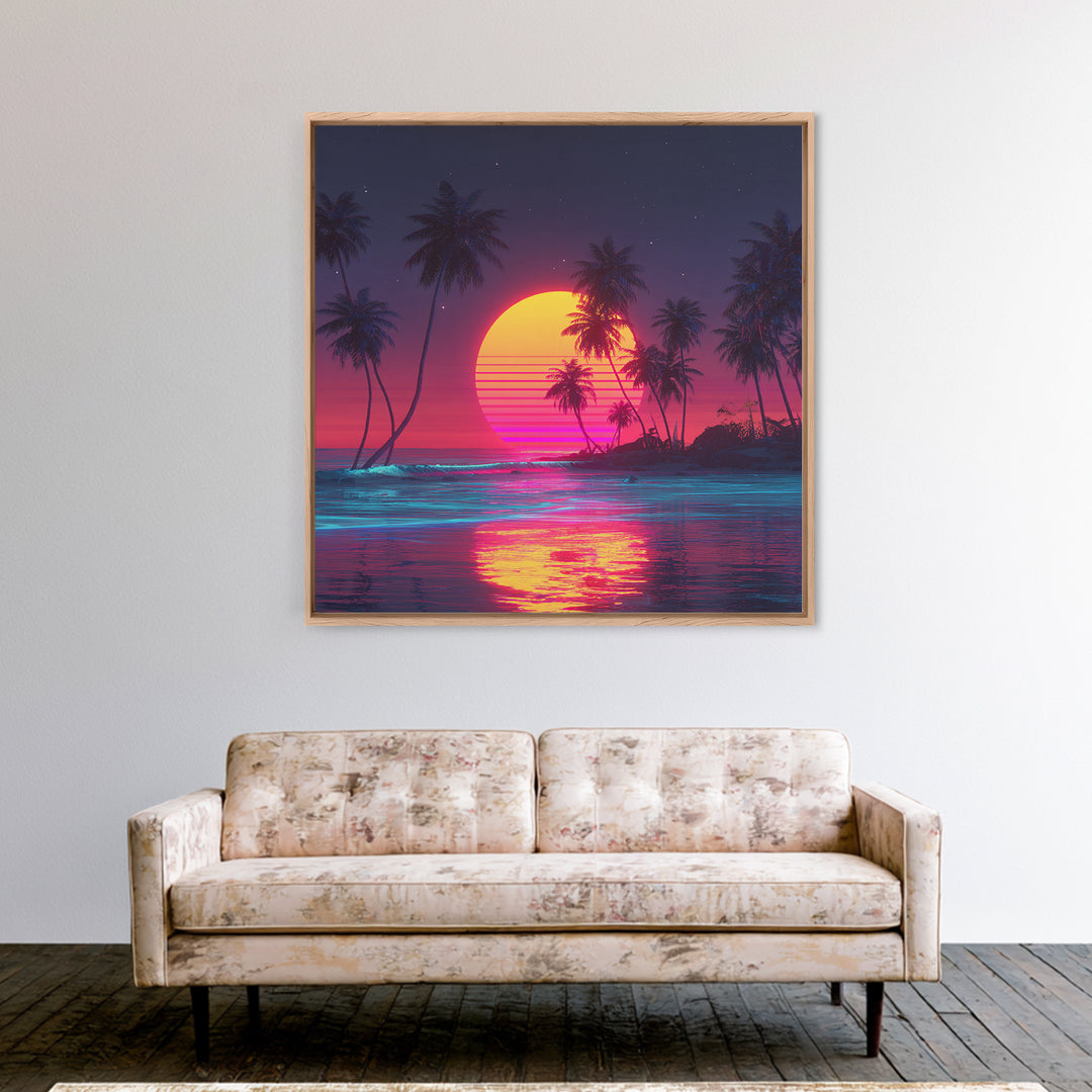 Neon Tropical Beach Sunset With Palms Wall Art, Retro Vaporwave Ocean Night Sky Canvas Print