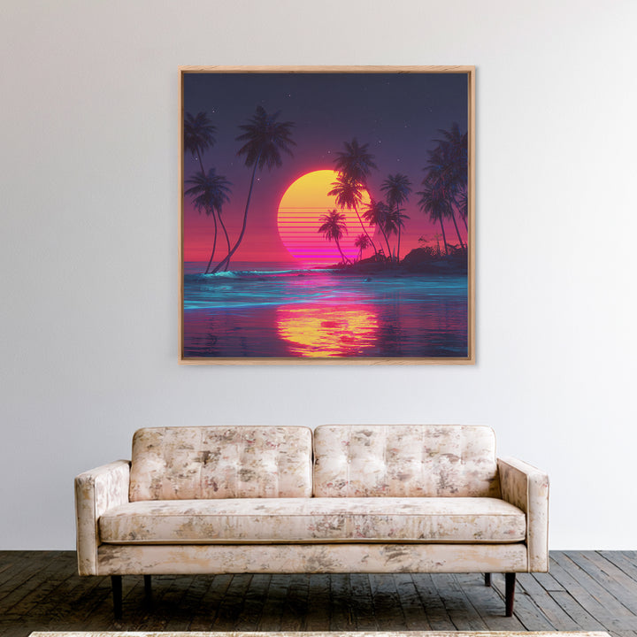 Neon Tropical Beach Sunset With Palms Wall Art, Retro Vaporwave Ocean Night Sky Canvas Print