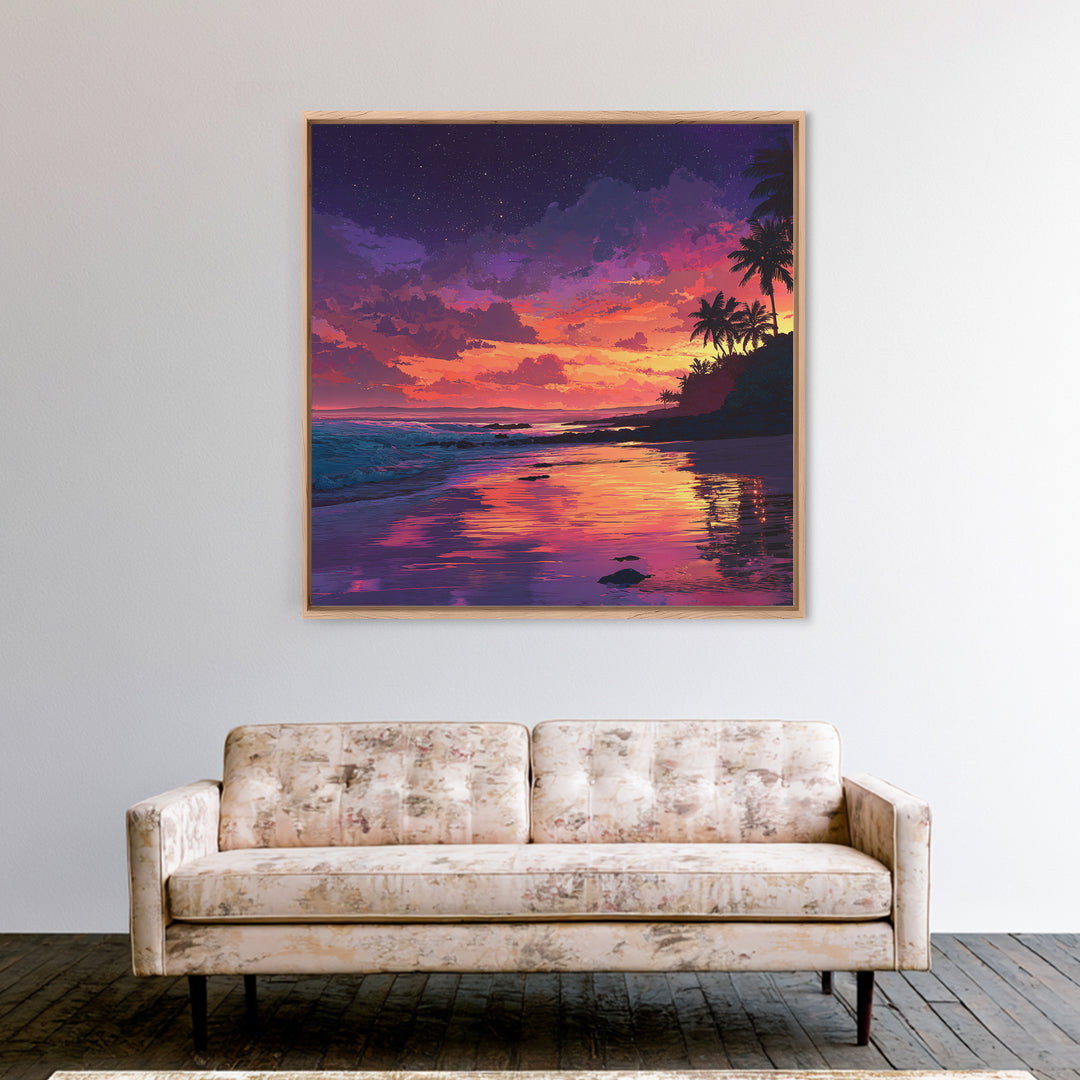 Vibrant Tropical Sunset Beach Wall Art, Colorful Coastal Ocean Painting Print, Summer Beach House Decor Living Room Wall Art