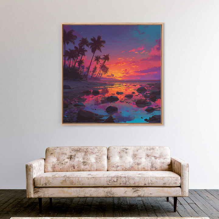 Serene Tropical Sunset With Palm Trees Reflection Over Water Vibrant Wall Art Framed Canvas Print For Coastal Home Decor