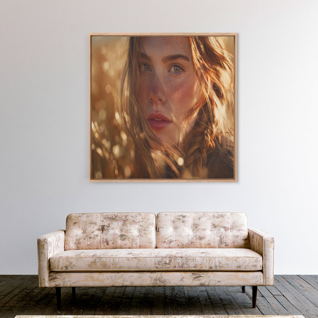 Golden Hour Portrait Of Woman Wall Art, Freckled Girl Close Up Painting, Feminine Modern Art Print, Bedroom Romantic Canvas