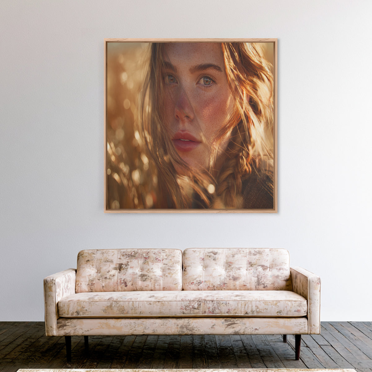 Golden Hour Portrait Of Woman Wall Art, Freckled Girl Close Up Painting, Feminine Modern Art Print, Bedroom Romantic Canvas