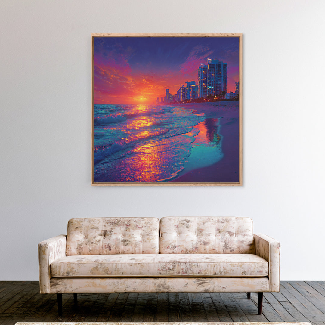 Vibrant City Beach Sunset Skyline Canvas Print, Colorful Coastal Wall Art, Modern Ocean Painting Living Room Home Decor