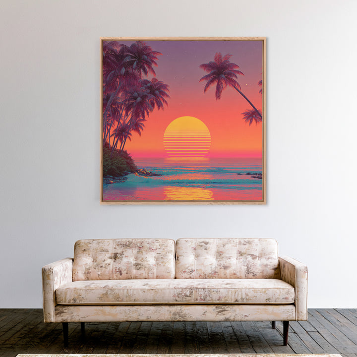 Retro Tropical Sunset Beach With Palm Trees Neon Wall Art, Colorful Coastal Canvas Print, Summer Room Decor